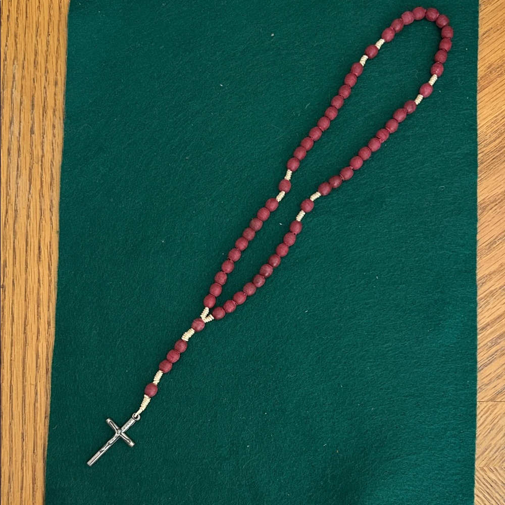 Burnt orange Beaded Rosary Necklace with Silver Cross